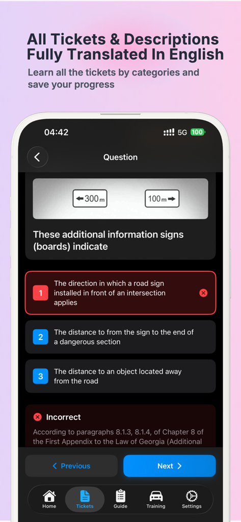 DriveX - Driver's License Exam - Screenshot dell'app DriveX che mostra una domanda del test teorico di guida tradotta in inglese con diagrammi di segnali stradali e una spiegazione dettagliata per una risposta errata.