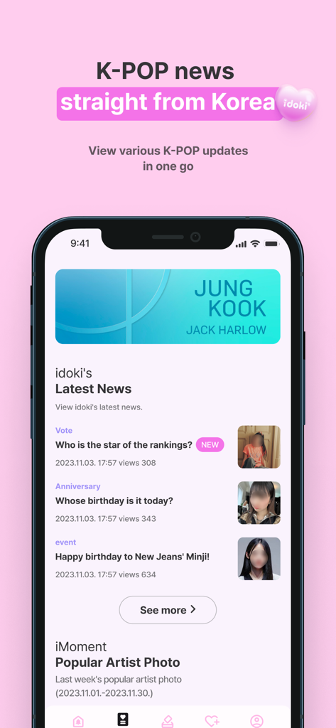 최신 K-POP 뉴스 및 아이돌 투표 업데이트를 보여주는 idoki 모바일 앱 인터페이스