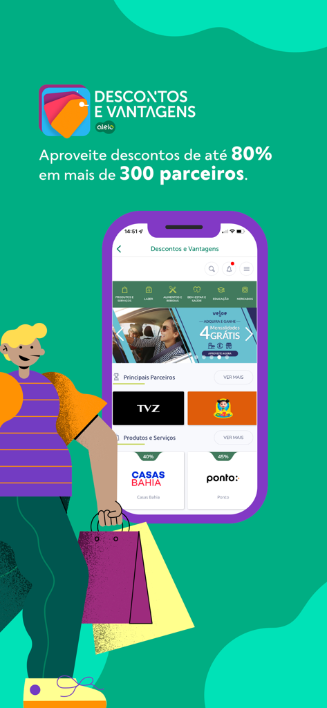 Meu Alelo app screen displaying exclusive discounts and partner stores for benefit card users.