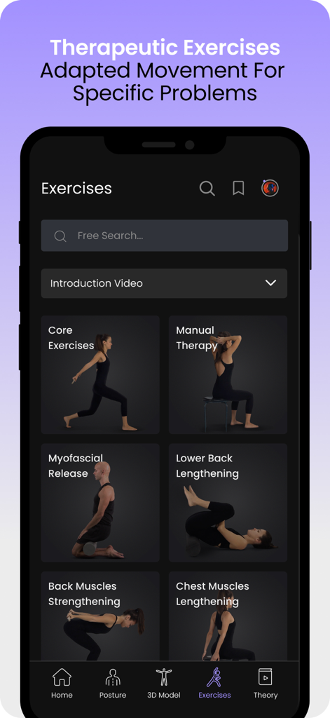A mobile app screen titled Therapeutic Exercises showing various movement categories for posture correction like Core Exercises and Manual Therapy.