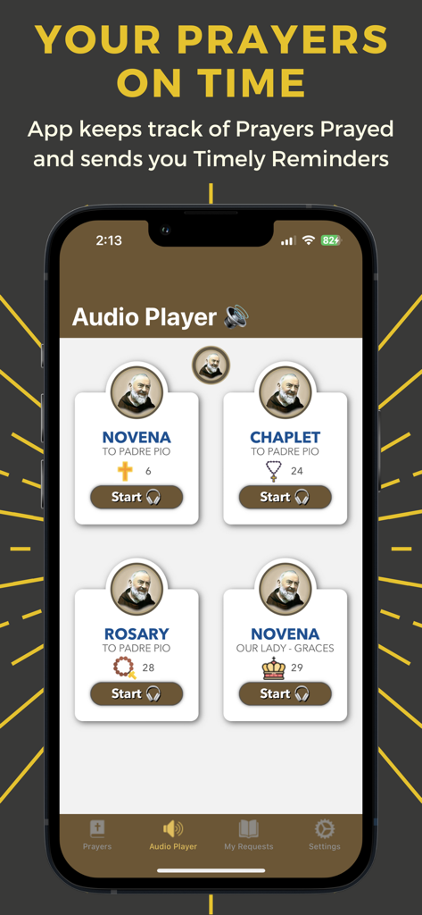 Padre Pioアプリのオーディオプレーヤーインターフェイス。ノベナ、チャプレット、ロザリオの祈りのオプションが表示されます。