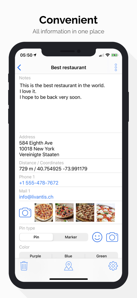 A detailed view of a location pin in the Contact Map app displaying notes, address, contact details, and photos.