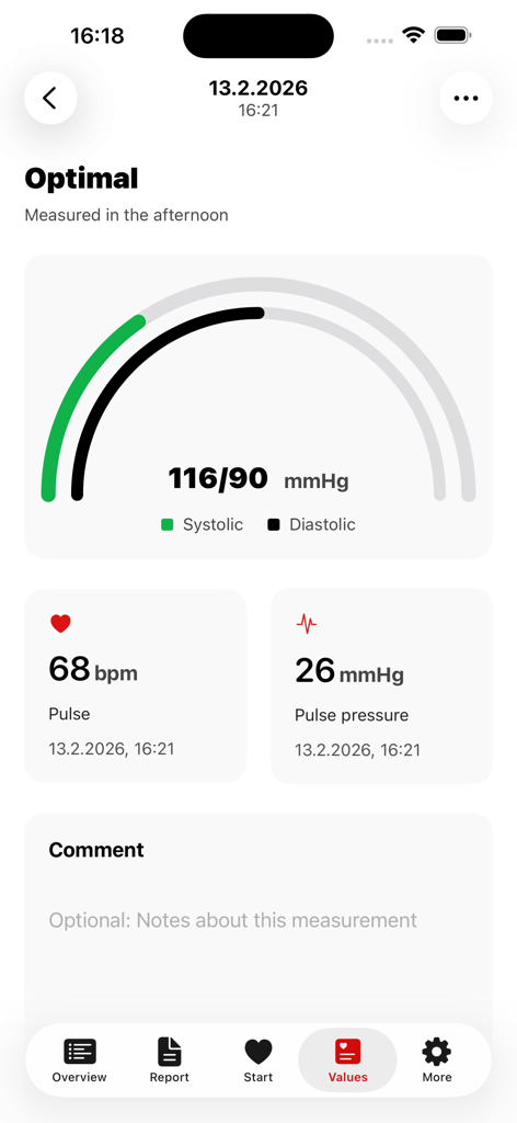 Screenshot dell'app Diario Pressione Arteriosa che mostra una lettura ottimale di 116/90 mmHg con dati sulla frequenza cardiaca