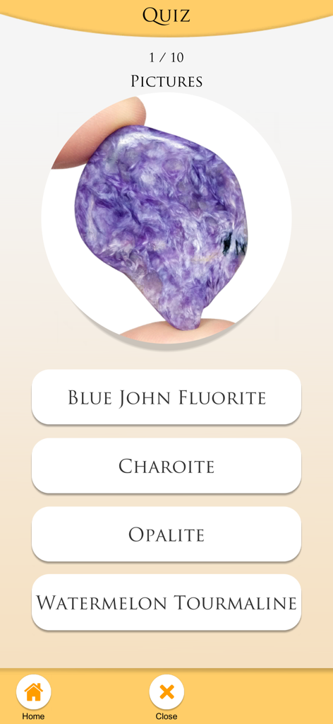 A Guide To Crystals - The CC - Mobile app quiz screen showing a purple crystal with multiple choice identification options
