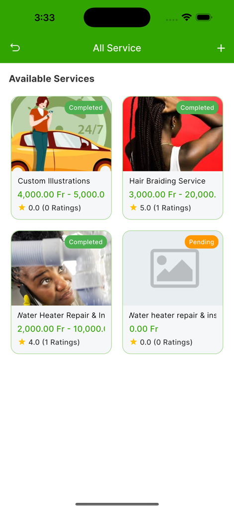 QwickServices Provider - A screen from the QwickServices Provider app showing available services like hair braiding and water heater repair with pricing and job status.