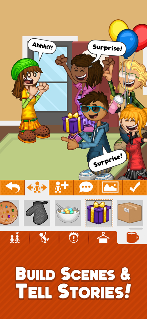 Papa Louie Pals - Creating a surprise party scene with custom characters and speech bubbles in Papa Louie Pals