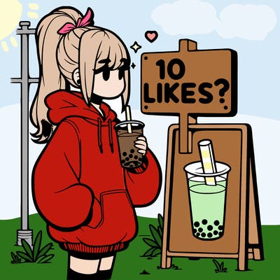 girl with oversized hoodie drinking boba and she has a high ponytail with a sign that says 10likes?