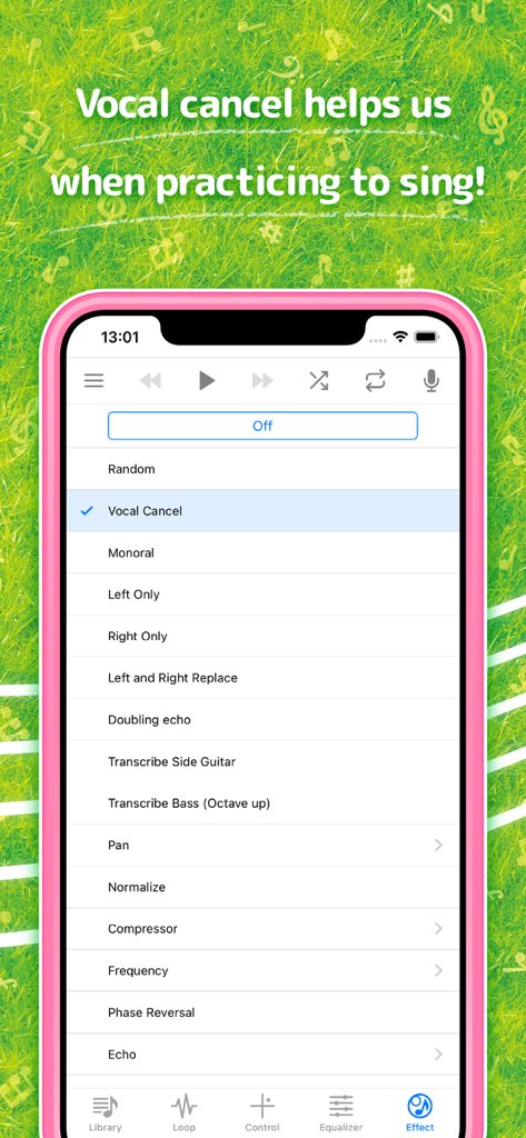 Hayaemon music player app screen showing the vocal cancel effect for singing practice