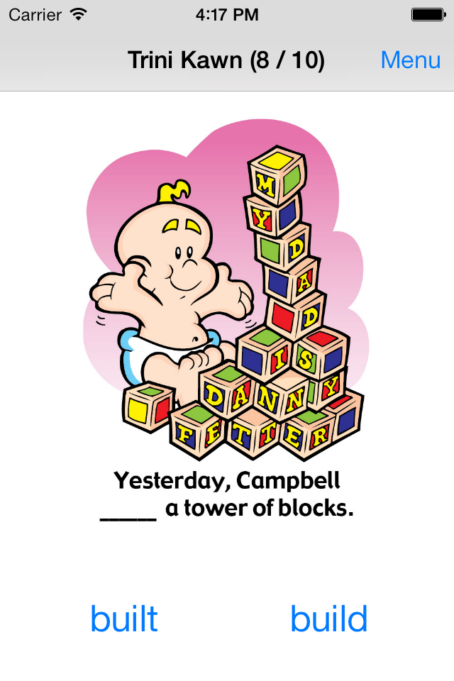 Irregular Verbs Fun Deck - Irregular Verbs Fun Deck grammar flashcard showing a baby with alphabet blocks and multiple choice options for the verb built