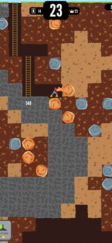Gold Digger FRVR - Deep Mining - Un personaje minero empujando un gran pepita de oro a través de túneles subterráneos en el juego Gold Digger FRVR.