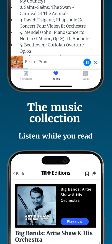 Daily Mail Newspaper app screen showcasing its music collection with options to listen while reading classical and big band music