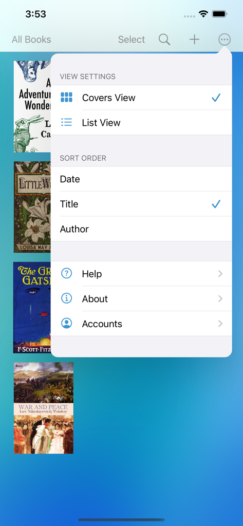 Library view of Bluefire Reader with a menu for sorting and view settings.