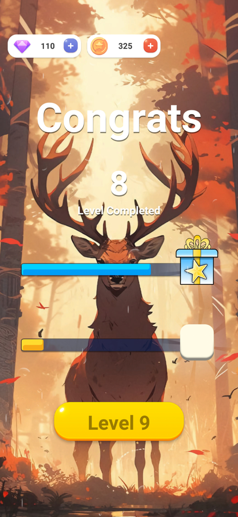 ABC - Wooden Words - Level complete screen in ABC Wooden Words with a nature background and a deer