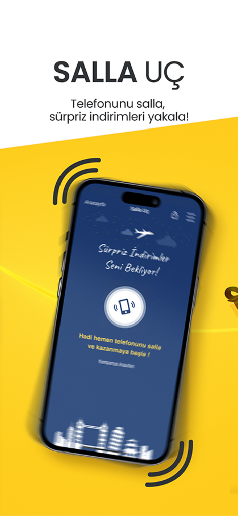 Ucuzabilet app screenshot showing the shake to fly feature for surprise flight discounts