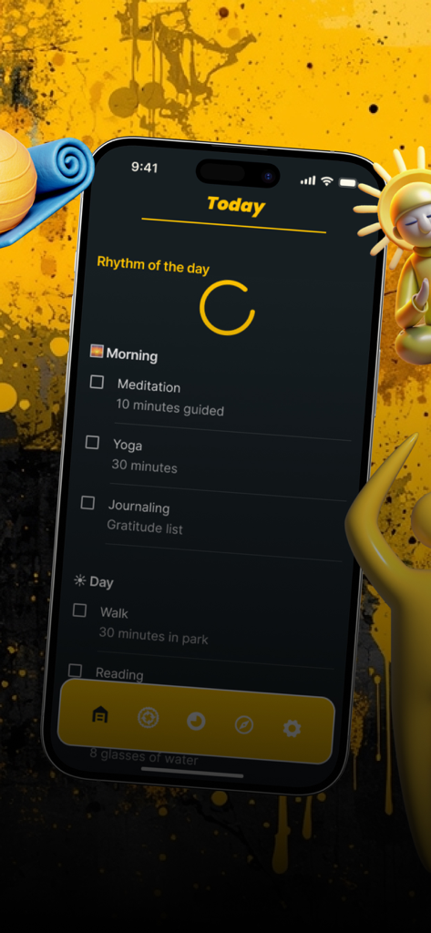 Un smartphone affichant l'écran 'Aujourd'hui' de l'application Mind Balance Rituals avec les listes d'habitudes du matin et de la journée.