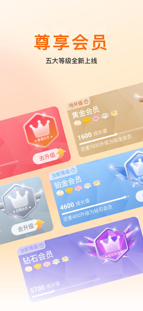 Lotus GO app interface displaying five membership levels from regular to diamond with growth points