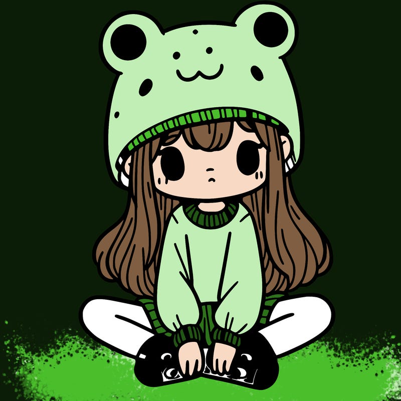 a girl wearing a frog hat and some frog socks