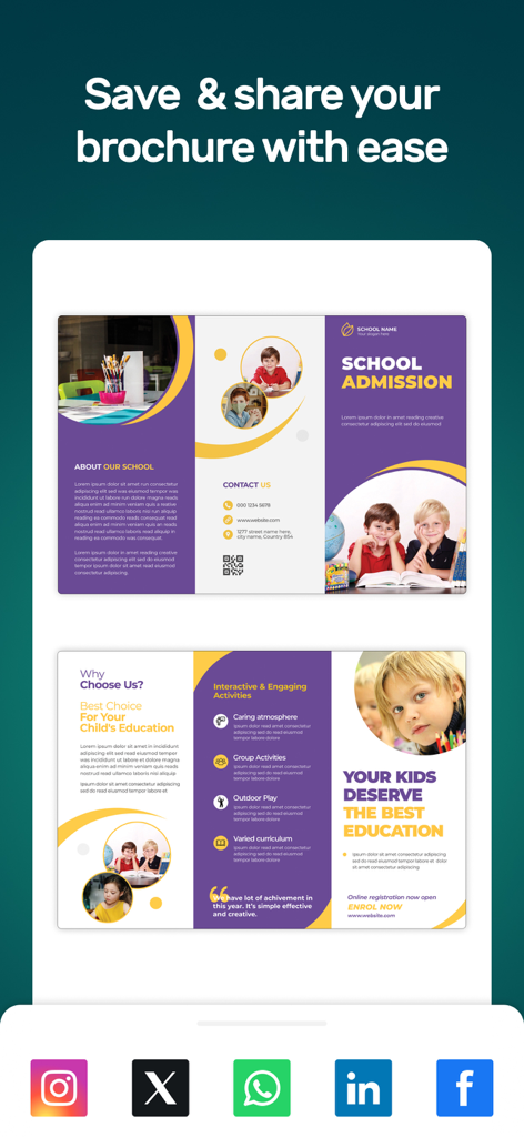 Brochure Design Maker-Leaflet - Bildschirm einer mobilen App, der Broschürenvorlagen für die Schulzulassung mit Social-Media-Sharing-Symbolen wie Instagram und Facebook zeigt.