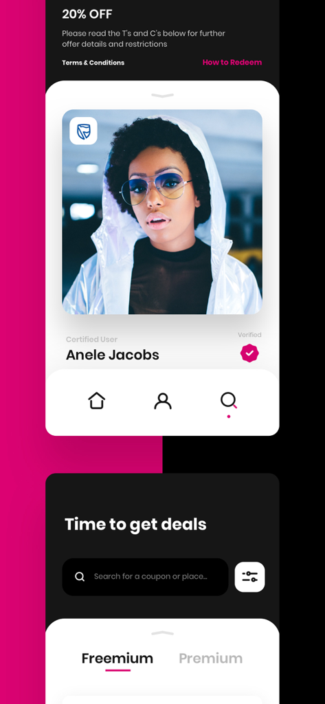 Varsity Vibe - Varsity Vibe mobile app interface showing a verified student profile and a search screen for discounts and deals