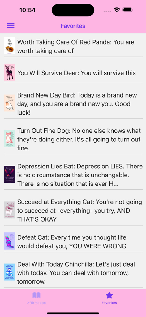 Thera-pets - A list of favorited animal affirmation cards with supportive messages in the Thera-pets app