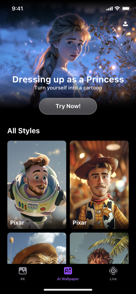 Wallpaper X – 4K HD wallpapers - Pantalla de la aplicación Wallpaper X que muestra estilos de fondos de pantalla de dibujos animados de IA como temas de Pixar y Princesa.