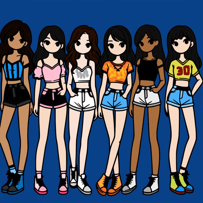 a group of girls wearing crop tops and shorts
