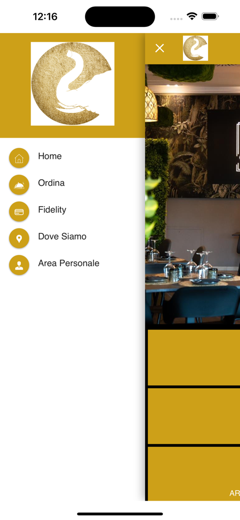 Mythai - Sidebar navigation menu of the Mythai app showing options for Home, Order, Fidelity, Location, and Personal Area