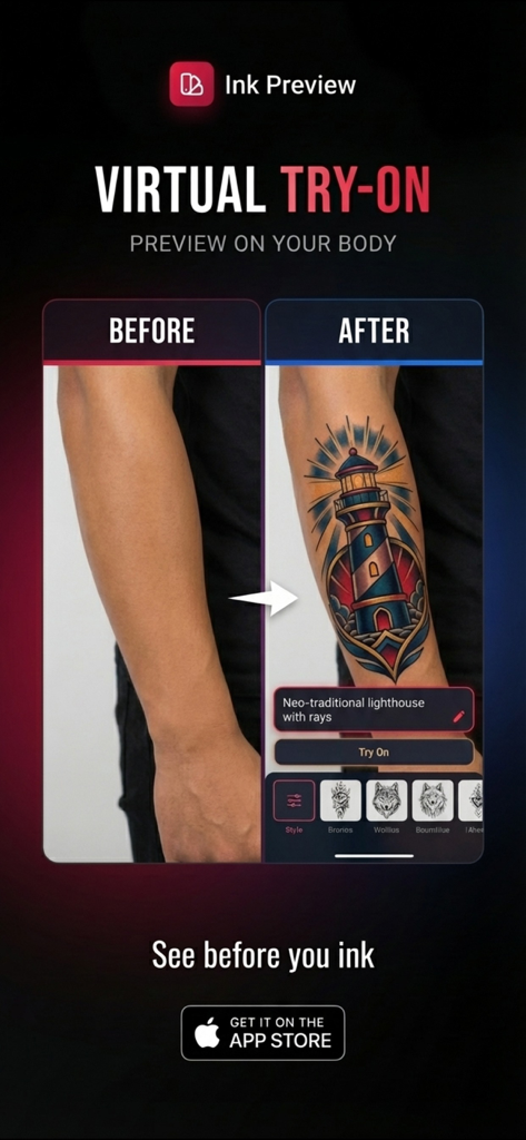 Tattoo AI Designer InkPreview - Comparação antes e depois de uma visualização virtual de tatuagem em um antebraço