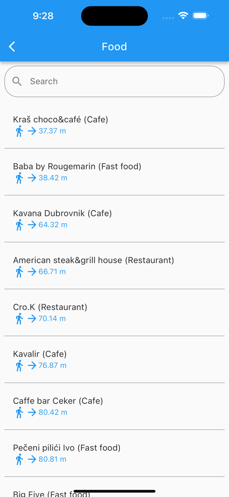 Un elenco di ristoranti e caffè vicini in Croazia con distanze a piedi mostrate nell'app