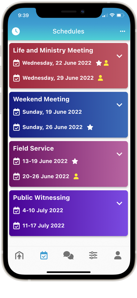 Mobile app screen displaying organized schedules for congregation meetings and field service