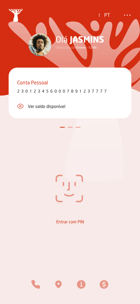 Pantalla de inicio de sesión de la aplicación BIC Mobile que muestra un resumen de la cuenta personal y la opción de reconocimiento facial biométrico