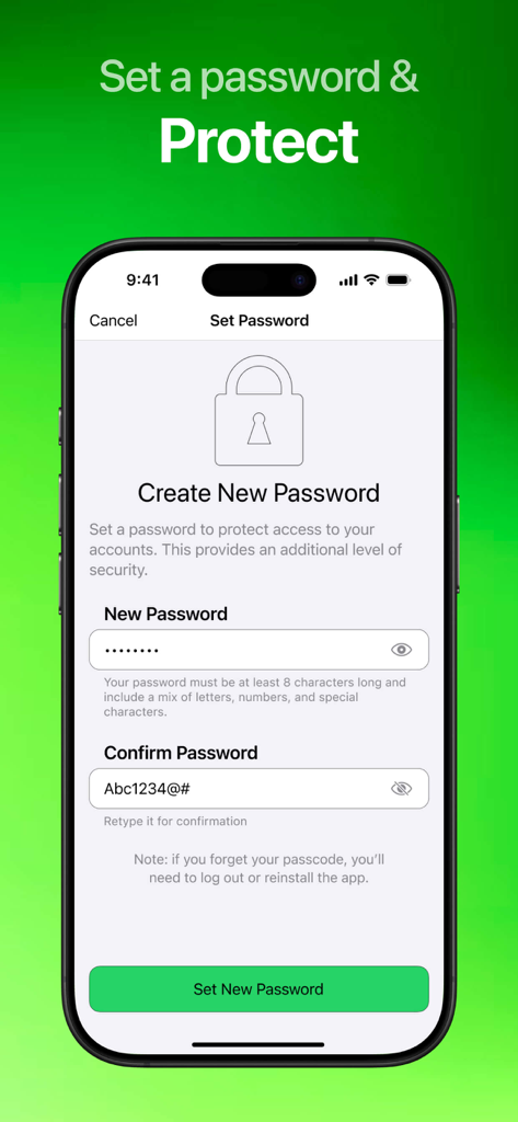 Pantalla móvil que muestra la interfaz para establecer una contraseña segura para la protección de la privacidad en Mensajero Doble para WhatsApp.