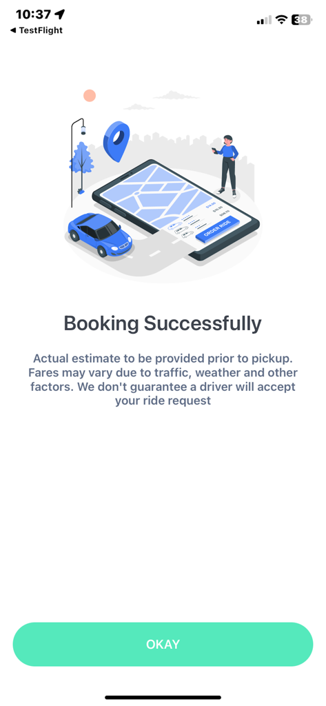 Fleeyo: Taxi, Transfers & Ride - 확인된 차량 요청을 보여주는 Fleeyo 택시 앱의 예약 성공 화면