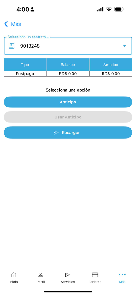 Pantalla de la app móvil CEPM mostrando detalles del contrato de energía, saldo actual y opciones para recargar o pagar por adelantado.