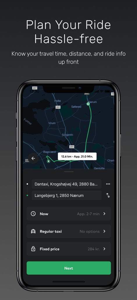 Dantaxi app screen showing a taxi route map with estimated travel time and fixed price booking options.