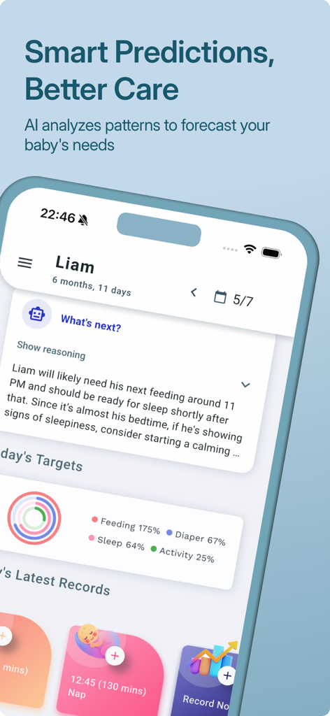 Bloom Baby Tracker - Auto Log - Bloom Baby Tracker app interface showing AI predictions for baby feeding and sleep schedules
