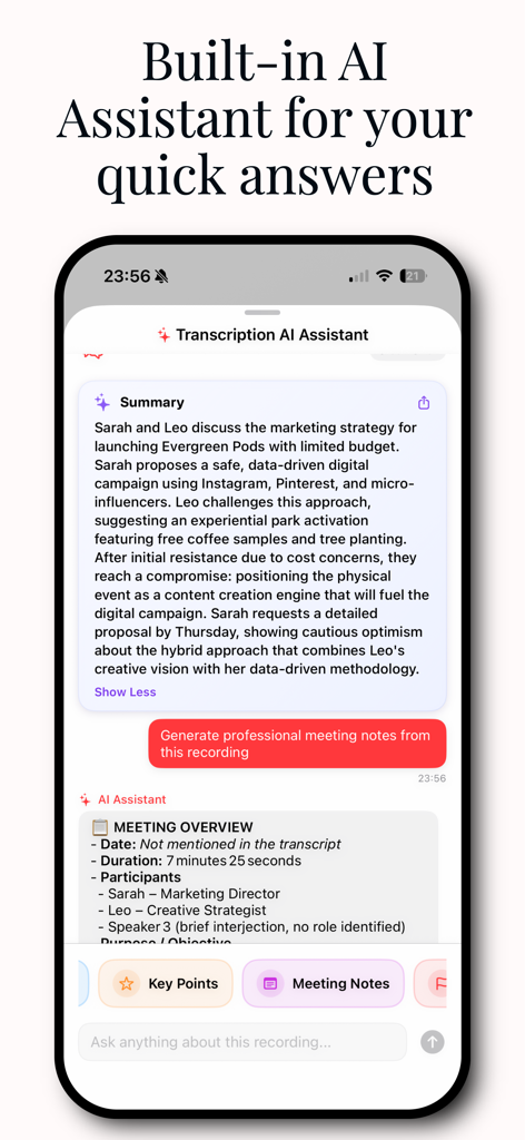 Transcription AI : Voice Notes - Transcription AI app interface showing an AI Assistant summary and meeting notes.
