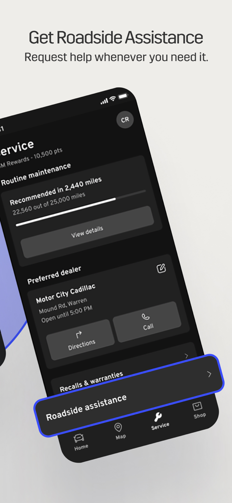 myCadillac - myCadillac app interface showing roadside assistance and vehicle service options