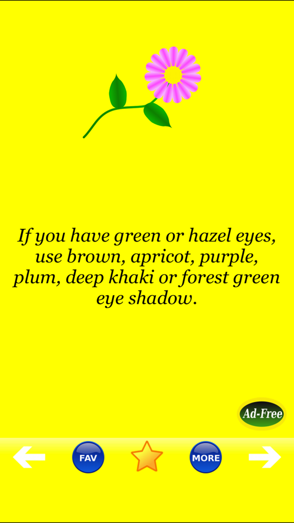 Beauty Secrets, Tips For Women - A beauty tip for green or hazel eyes suggesting various eye shadow colors on a yellow background with a purple flower.