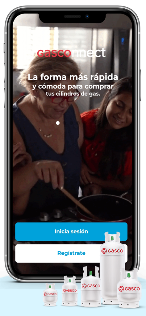 Gasconnect mobile App Anmeldebildschirm mit einer Familie, die in einer Küche kocht, mit Gasco-Gasflaschen unten.
