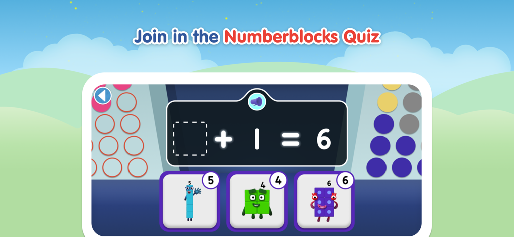 Numberblocks World - Captura de pantalla de la aplicación Numberblocks World mostrando un cuestionario interactivo de sumas matemáticas para niños.