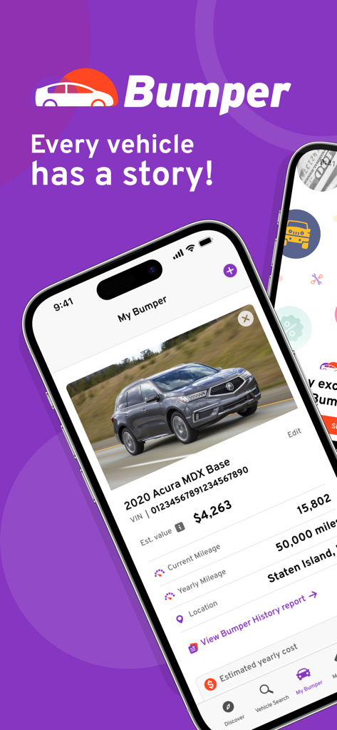 Bumper app interface showing a 2020 Acura MDX vehicle history report with estimated value and current mileage.
