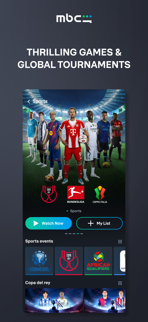MBC Shahid App Sportbereich mit Live-Fußballspielen und globalen Turnieren