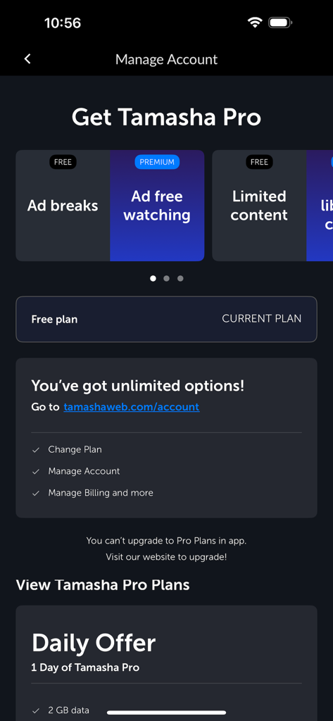 Tamasha: Live TV, Movie, Drama - Schermata di gestione account dell'app Tamasha che mostra opzioni di abbonamento gratuito e pro con vantaggi di visione senza pubblicità.