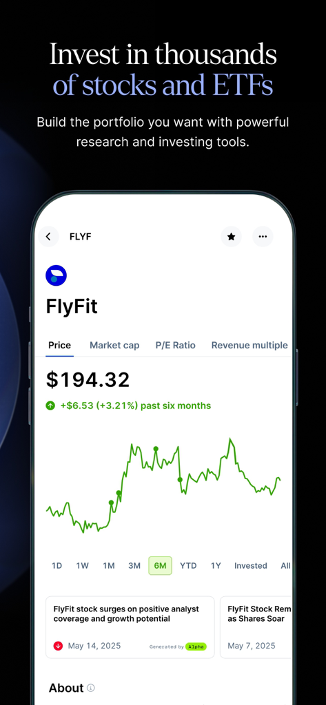 Interface mobile de l'application Public montrant des outils d'analyse d'actions et un graphique de performance pour FlyFit.