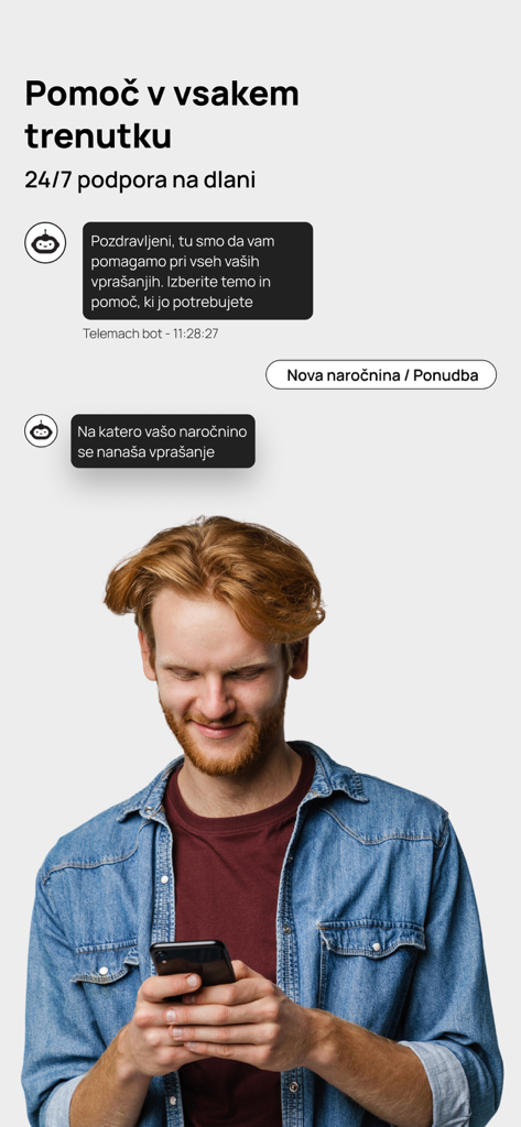 Telemach Slovenija - A man using the Telemach Slovenija app chatbot for 24/7 customer support