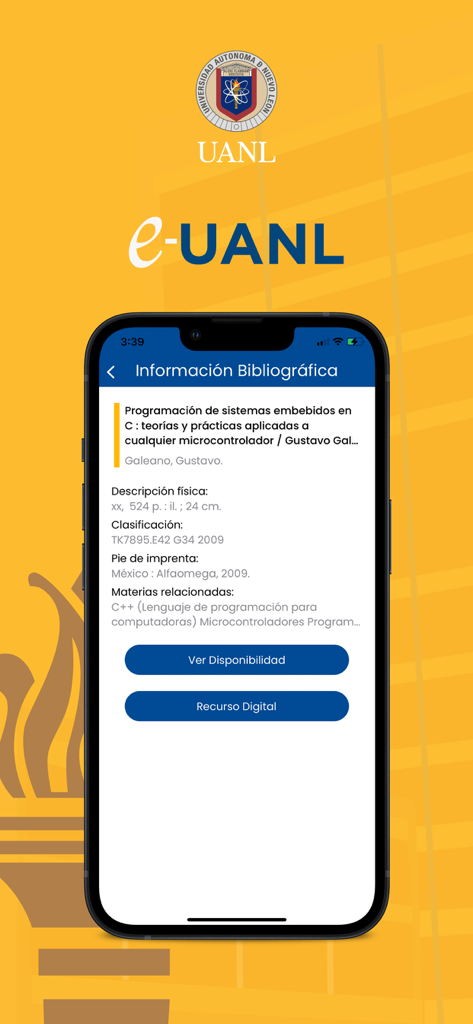 Pantalla de información bibliográfica en la aplicación e-UANL Campus Digital que muestra detalles y disponibilidad del libro