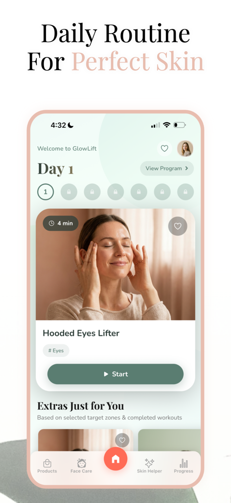 GlowLift: Face Yoga & Skincare - GlowLift app interface showing a daily face yoga routine and a hooded eyes lifter exercise