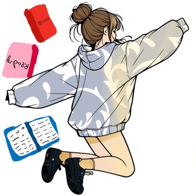 realistic girl jumping with a bun and oversized sweatshirt