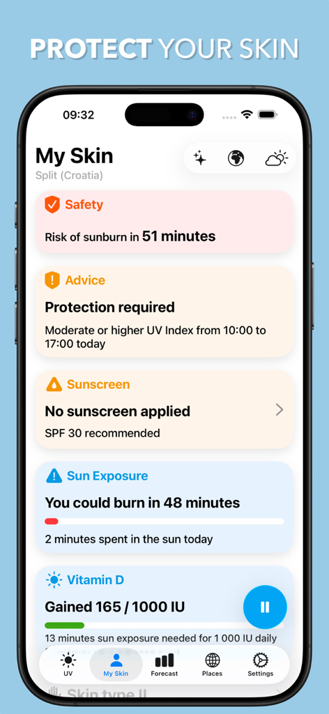 UV-Index-Widget App-Screenshot mit personalisierten Hautschutz-Ratschlägen und Vitamin-D-Tracking.